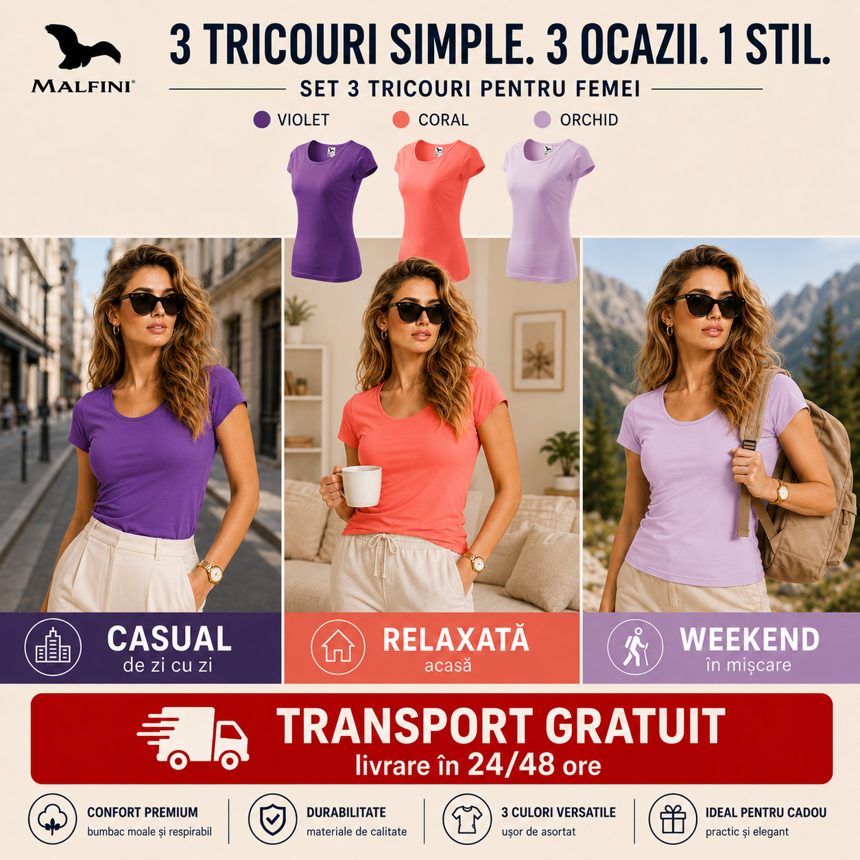 Tricouri damă din bumbac 100% cu decolteu violet coral orchid elegant casual